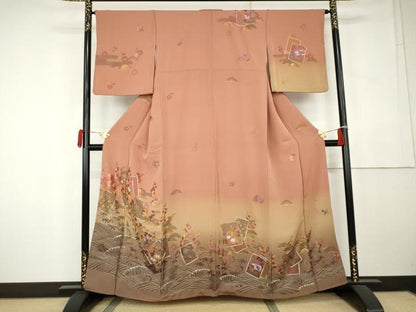 平和屋着物●中国三大刺繍 汕頭刺繍 スワトウ刺繍 翠山刺繍 総刺繍 訪問着 色紙重ね立波松竹梅文 暈し染め 銀糸 正絹 逸品 AABK6395cs