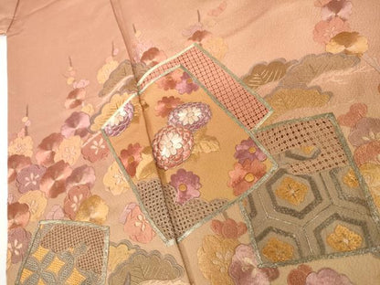 平和屋着物●中国三大刺繍 汕頭刺繍 スワトウ刺繍 翠山刺繍 総刺繍 訪問着 色紙重ね立波松竹梅文 暈し染め 銀糸 正絹 逸品 AABK6395cs