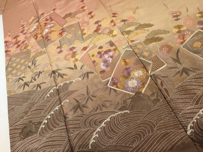 平和屋着物●中国三大刺繍 汕頭刺繍 スワトウ刺繍 翠山刺繍 総刺繍 訪問着 色紙重ね立波松竹梅文 暈し染め 銀糸 正絹 逸品 AABK6395cs