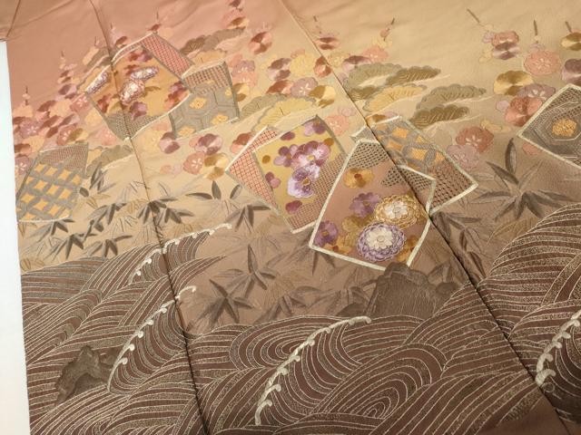 平和屋着物●中国三大刺繍 汕頭刺繍 スワトウ刺繍 翠山刺繍 総刺繍 訪問着 色紙重ね立波松竹梅文 暈し染め 銀糸 正絹 逸品 AABK6395cs