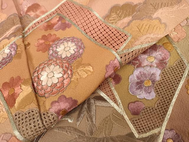 平和屋着物●中国三大刺繍 汕頭刺繍 スワトウ刺繍 翠山刺繍 総刺繍 訪問着 色紙重ね立波松竹梅文 暈し染め 銀糸 正絹 逸品 AABK6395cs