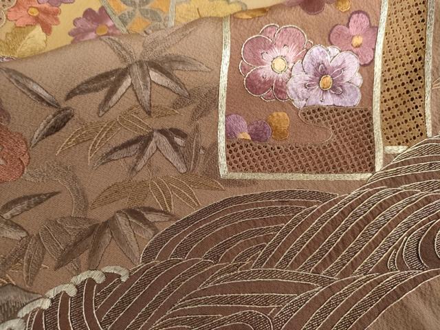 平和屋着物●中国三大刺繍 汕頭刺繍 スワトウ刺繍 翠山刺繍 総刺繍 訪問着 色紙重ね立波松竹梅文 暈し染め 銀糸 正絹 逸品 AABK6395cs