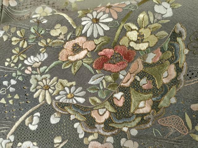 平和屋着物●中国三大刺繍　スワトウ刺繍　汕頭刺繍　蘇州刺繍　訪問着　花丸文　暈し染め　金銀糸　正絹　逸品　未使用　AABK6396cs