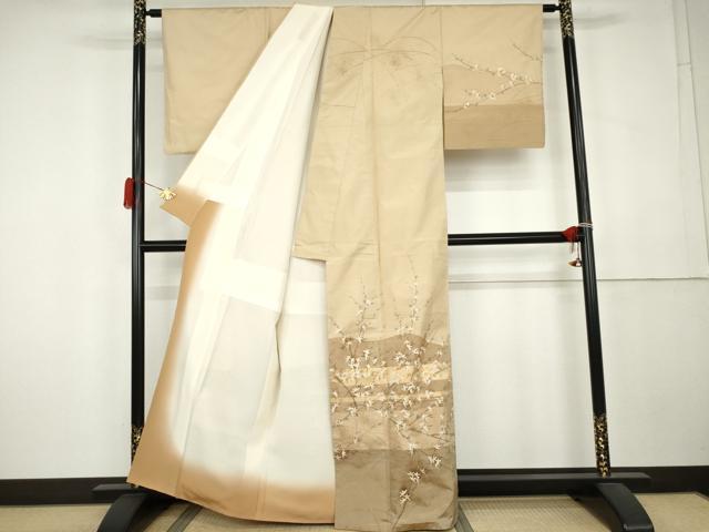 平和屋着物●染色作家　長谷川忠義　訪問着　紬地　すくい織　芝に枝花文　金彩　正絹　逸品　AABK6397cs