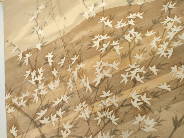 平和屋着物●染色作家　長谷川忠義　訪問着　紬地　すくい織　芝に枝花文　金彩　正絹　逸品　AABK6397cs