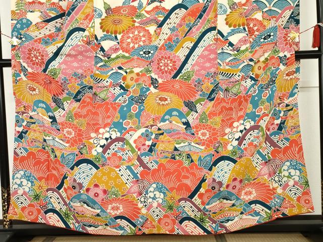 平和屋着物●紅型　振袖　重ね山飛鳥草花文　鬼しぼ縮緬　正絹　逸品　AABK6402cs