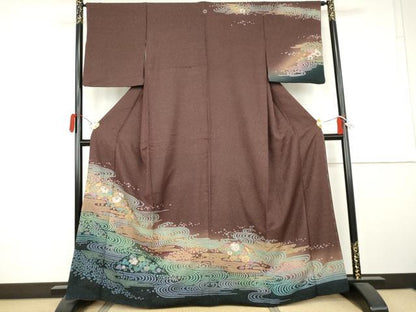 平和屋着物●訪問着　辻が花　絞り　流水花文　暈し染め　金通し地　正絹　逸品　AABK6406cs