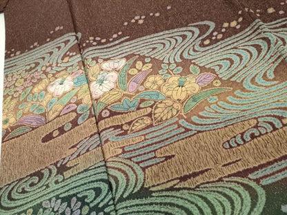 平和屋着物●訪問着　辻が花　絞り　流水花文　暈し染め　金通し地　正絹　逸品　AABK6406cs