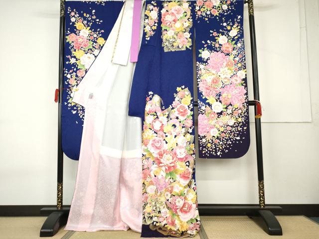 平和屋着物●豪華振袖・長襦袢(無双仕立て)セット　刺繍　花蝶文　金糸　金彩　ロング丈　正絹　逸品　AABK6422cs