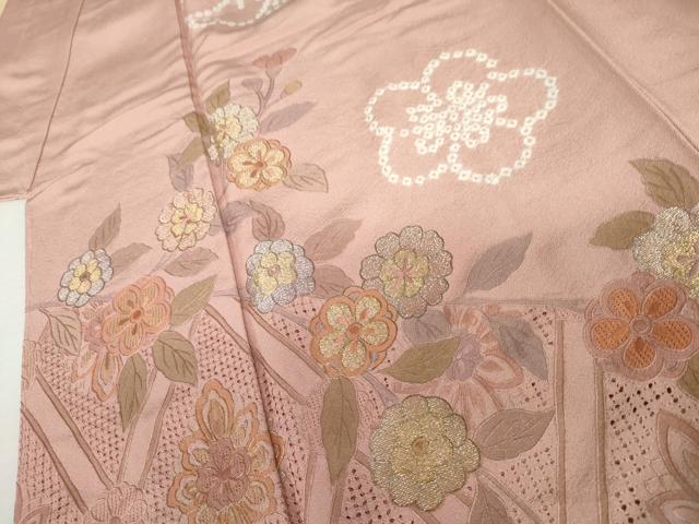 平和屋着物●中国三大刺繍 汕頭刺繍 スワトウ刺繍 訪問着 絞り 枝花文 金銀糸 やまと誂製 ロング丈 正絹 逸品 未使用 AABK6425cs