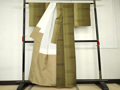 平和屋着物●上質な紬　横段文　正絹　逸品　AABK6436cs
