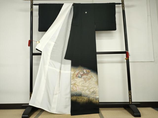 平和屋着物●豪華黒留袖 作家物 寿光織 能楽琳派 流水飛鶴扇面花文 金糸 正絹 逸品 AABK6446cs
