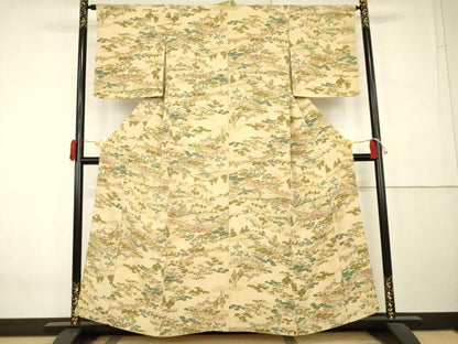平和屋着物●上質な小紋　手描き　渡り橋人物風景文　正絹　逸品　AABK6455cs