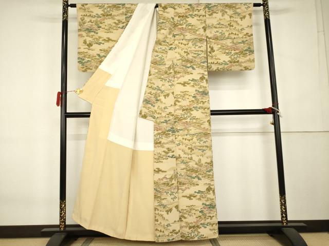 平和屋着物●上質な小紋　手描き　渡り橋人物風景文　正絹　逸品　AABK6455cs