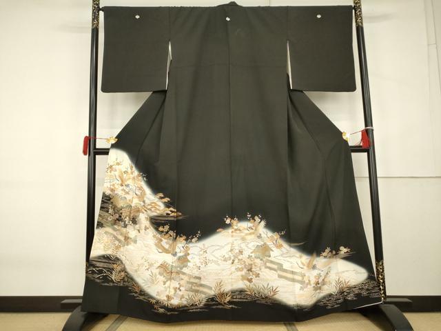 平和屋着物●豪華黒留袖 松竹梅飛鶴風景文 暈し染め 金彩 正絹 逸品 AABK6456cs