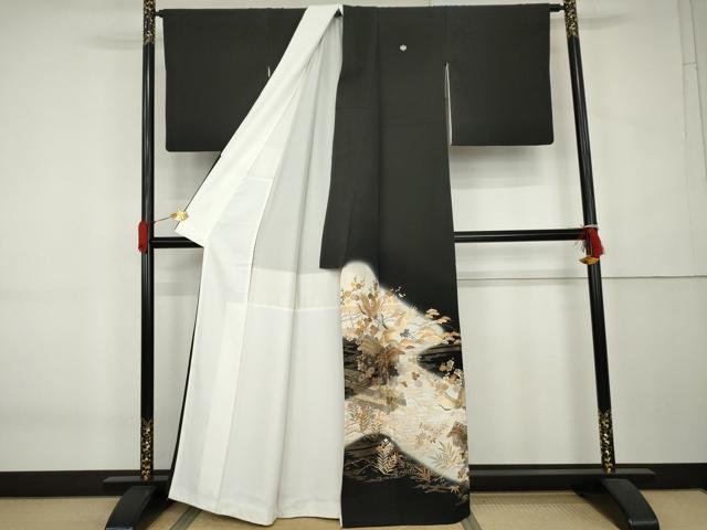 平和屋着物●豪華黒留袖 松竹梅飛鶴風景文 暈し染め 金彩 正絹 逸品 AABK6456cs