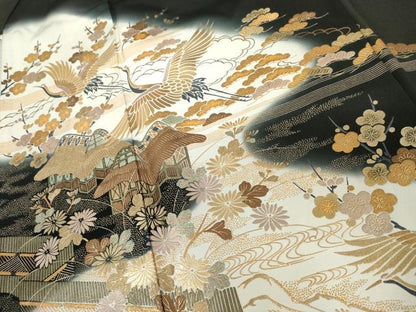 平和屋着物●豪華黒留袖 松竹梅飛鶴風景文 暈し染め 金彩 正絹 逸品 AABK6456cs