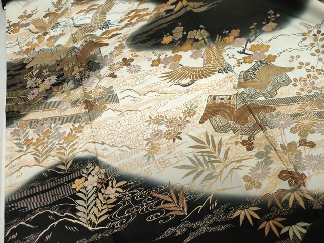 平和屋着物●豪華黒留袖 松竹梅飛鶴風景文 暈し染め 金彩 正絹 逸品 AABK6456cs