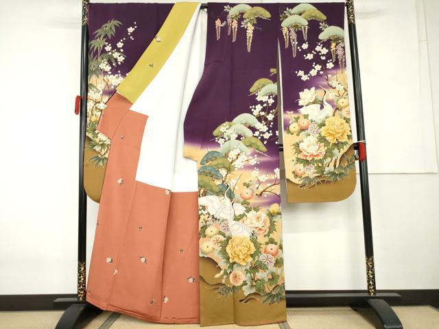 平和屋着物●豪華振袖　駒刺繍　松竹梅文　群れ鶴　暈し染め　金彩　鬼しぼ縮緬　正絹　逸品　AABK6461cs