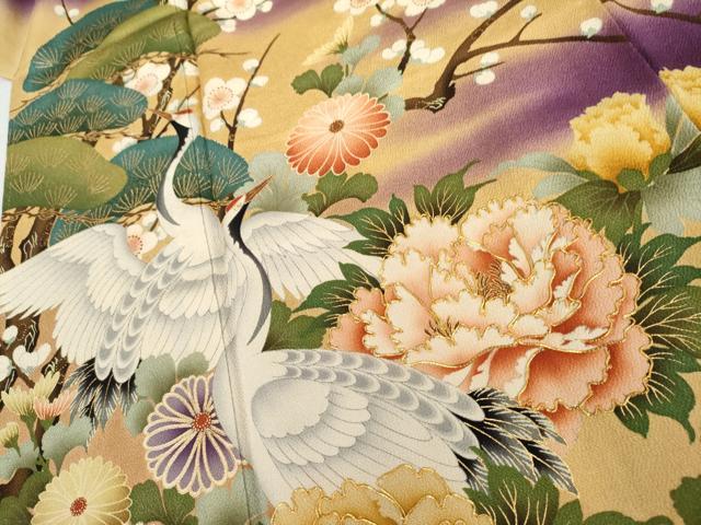 平和屋着物●豪華振袖　駒刺繍　松竹梅文　群れ鶴　暈し染め　金彩　鬼しぼ縮緬　正絹　逸品　AABK6461cs