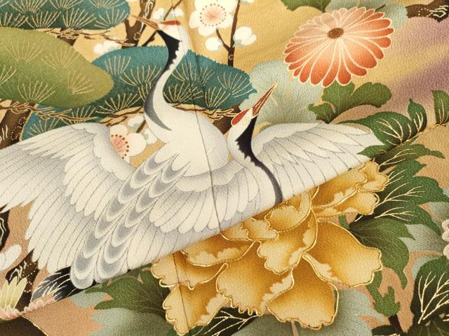 平和屋着物●豪華振袖　駒刺繍　松竹梅文　群れ鶴　暈し染め　金彩　鬼しぼ縮緬　正絹　逸品　AABK6461cs