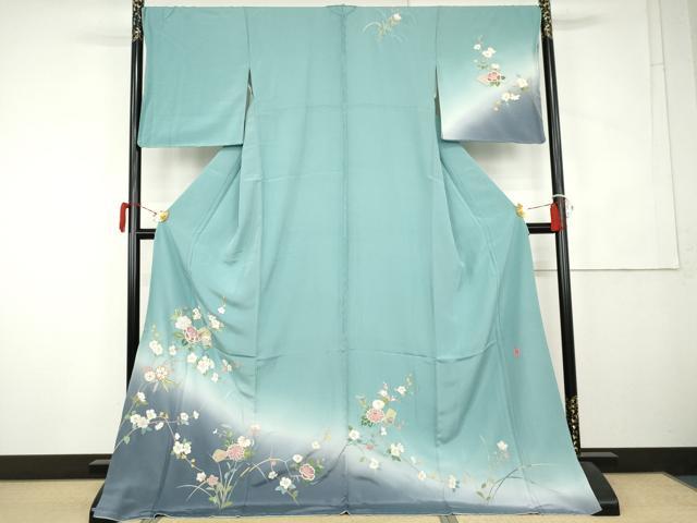 平和屋着物●中国三大刺繍 スワトウ刺繍 汕頭刺繍 訪問着 作家物 百人一首 枝花文 暈し染め 金糸 ロング丈 正絹 逸品 未使用 AABK6463cs