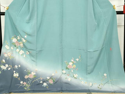 平和屋着物●中国三大刺繍 スワトウ刺繍 汕頭刺繍 訪問着 作家物 百人一首 枝花文 暈し染め 金糸 ロング丈 正絹 逸品 未使用 AABK6463cs