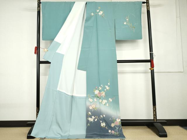 平和屋着物●中国三大刺繍 スワトウ刺繍 汕頭刺繍 訪問着 作家物 百人一首 枝花文 暈し染め 金糸 ロング丈 正絹 逸品 未使用 AABK6463cs