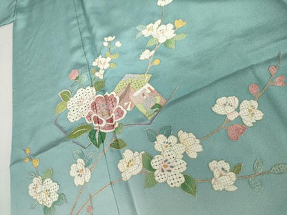平和屋着物●中国三大刺繍 スワトウ刺繍 汕頭刺繍 訪問着 作家物 百人一首 枝花文 暈し染め 金糸 ロング丈 正絹 逸品 未使用 AABK6463cs