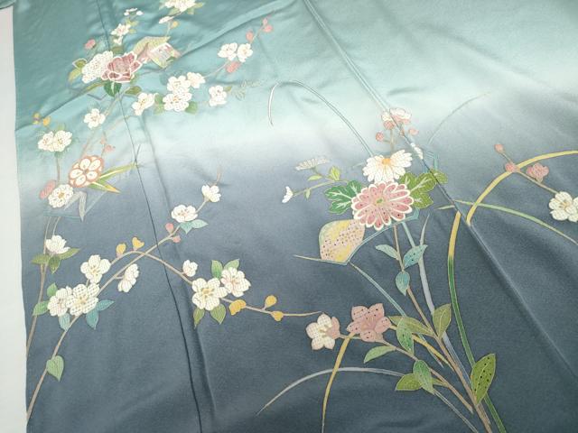 平和屋着物●中国三大刺繍 スワトウ刺繍 汕頭刺繍 訪問着 作家物 百人一首 枝花文 暈し染め 金糸 ロング丈 正絹 逸品 未使用 AABK6463cs