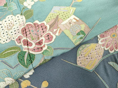 平和屋着物●中国三大刺繍 スワトウ刺繍 汕頭刺繍 訪問着 作家物 百人一首 枝花文 暈し染め 金糸 ロング丈 正絹 逸品 未使用 AABK6463cs