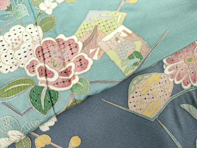 平和屋着物●中国三大刺繍 スワトウ刺繍 汕頭刺繍 訪問着 作家物 百人一首 枝花文 暈し染め 金糸 ロング丈 正絹 逸品 未使用 AABK6463cs