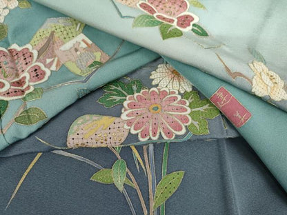 平和屋着物●中国三大刺繍 スワトウ刺繍 汕頭刺繍 訪問着 作家物 百人一首 枝花文 暈し染め 金糸 ロング丈 正絹 逸品 未使用 AABK6463cs