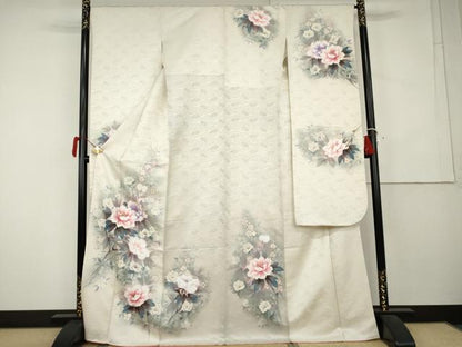 平和屋着物●豪華振袖　手描き　枝花文　銀通し地　正絹　逸品　AABK6465cs