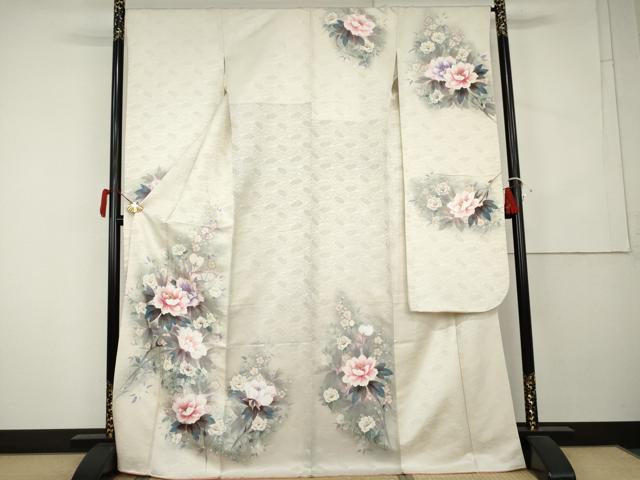 平和屋着物●豪華振袖　手描き　枝花文　銀通し地　正絹　逸品　AABK6465cs