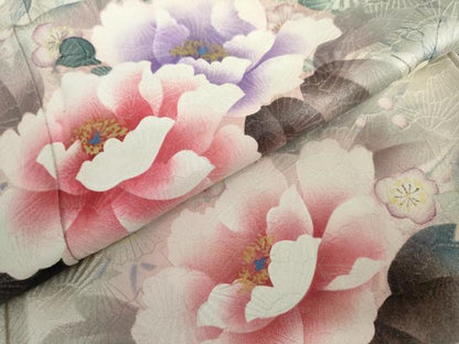 平和屋着物●豪華振袖　手描き　枝花文　銀通し地　正絹　逸品　AABK6465cs