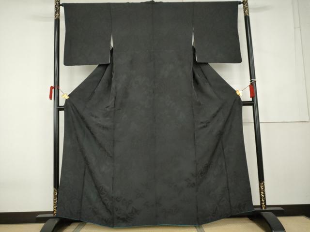 平和屋着物●上質な色無地　蔦の葉地紋　黒色　正絹　逸品　AABK6468cs