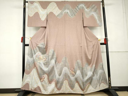 平和屋着物●訪問着　絞り　刺繍　渡り橋風景松竹梅文　金彩　正絹　逸品　AABK6479cs