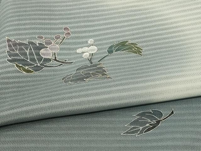 平和屋着物＊夏物　訪問着　縞紋紗　舞葉文　暈し染め　銀彩　正絹　逸品　AABK6481jd
