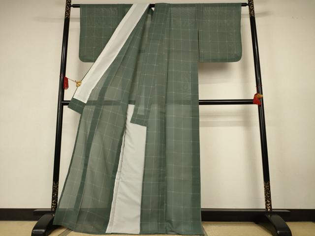 平和屋着物＊夏物　紗紬　格子　正絹　逸品　AABK6486jd