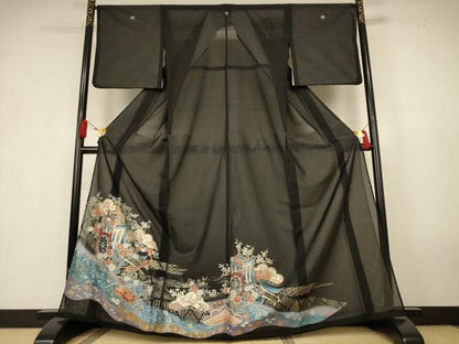 平和屋着物＊夏物　黒留袖　絽　御所車吉祥花文　金彩　洗える着物　AABK6503jd