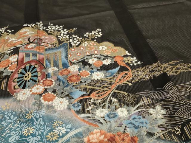 平和屋着物＊夏物　黒留袖　絽　御所車吉祥花文　金彩　洗える着物　AABK6503jd
