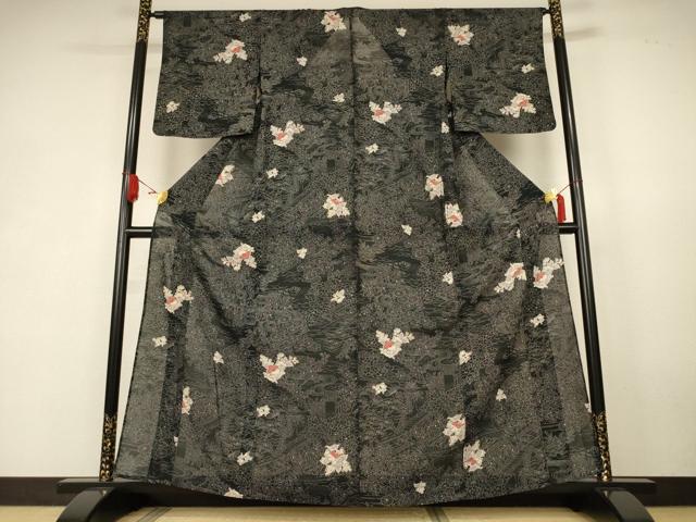 平和屋着物＊夏物　小紋　絽　流水草花文　黒地　正絹　逸品　AABK6510jd