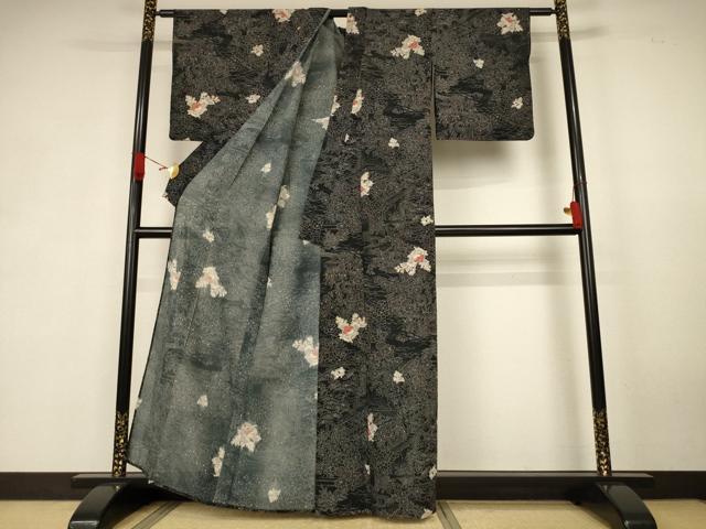 平和屋着物＊夏物　小紋　絽　流水草花文　黒地　正絹　逸品　AABK6510jd
