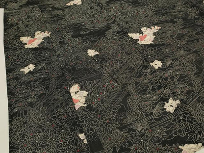 平和屋着物＊夏物　小紋　絽　流水草花文　黒地　正絹　逸品　AABK6510jd