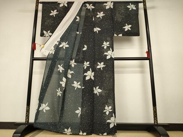 平和屋着物＊夏物　洗える最高級着物　＜英＞はなぶさ謹製　小紋　絽　舞花文　黒地　洗える着物　AABK6544jd