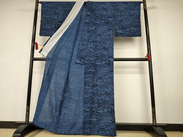 平和屋着物＊夏物　小紋　紗　風景文　洗える着物　AABK6551jd
