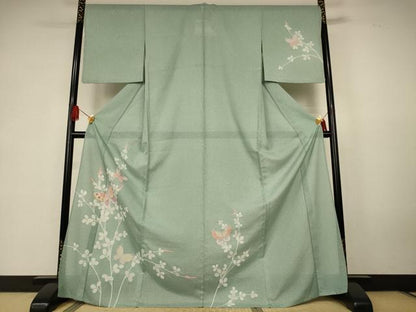 平和屋着物＊夏物　訪問着　絽　花蝶文　銀彩　ロング丈　洗える着物　AABK6553jd