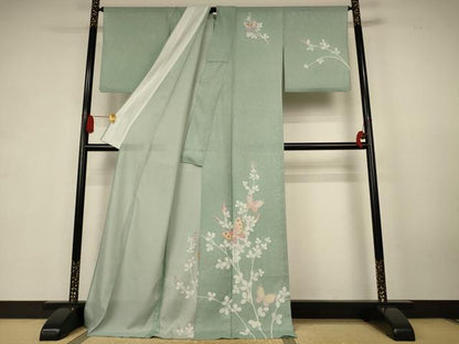 平和屋着物＊夏物　訪問着　絽　花蝶文　銀彩　ロング丈　洗える着物　AABK6553jd