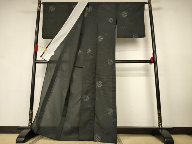 平和屋着物＊夏物　小紋　紗　成り物　黒地　洗える着物　AABK6555jd